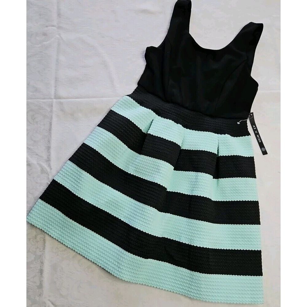 BLACK MINT STRIPED A-Line Dress TEXTURED LBD Back Zip As U Wish Maxi Sz 5 New